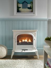 Flueless Gas Stove 3.1kw Plain Arch Open Glass Door White Enamel